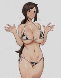 Rule 34 | 1girl, absurdres, animal print, bare shoulders, bikini, black eyes, breasts, brown hair, cleavage, closed mouth, collarbone, cow print, cowboy shot, gompang 11, groin, hands up, highres, large breasts, light blush, light smile, long hair, micro bikini, navel, original, ponytail, side-tie bikini bottom, sidelocks, simple background, skindentation, solo, standing, sweatdrop, swept bangs, swimsuit, underboob, very long hair, w arms, white background