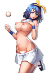 Rule 34 | 1girl, bad id, bad pixiv id, ball, baseball, blue eyes, blue hair, bow, bow panties, breasts, clothes lift, clothes pull, crop top, groin, hair ribbon, large breasts, lowleg, lowleg panties, mary janes, navel, nipples, open mouth, original, panties, puffy nipples, ribbon, shirt lift, shoes, short hair, simple background, skirt, skirt pull, sl86, socks, standing, standing on one leg, underwear, white panties, wristband