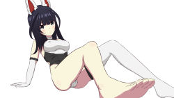 Rule 34 | 1girl, agatsuma kaede, alice gear aegis, animal ears, arm support, bare shoulders, barefoot, black eyes, black hair, black leotard, blunt bangs, blush, breasts, closed mouth, commentary request, covered erect nipples, elbow gloves, feet, gloves, headgear, highres, leaning back, leotard, long hair, looking at viewer, medium breasts, panettone, shiny skin, single thighhigh, sitting, socks, solo, thighhighs, white background, white gloves, white thighhighs
