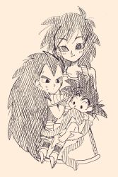 Rule 34 | armor, armored dress, artist request, baby, beige background, biting, black hair, blush, boots, brothers, child, dragon ball, dragonball z, gine, greyscale, holding, long hair, monochrome, mother and son, raditz, saiyan, siblings, simple background, smile, son goku, spiked hair, sweat, tail, upper body, very long hair, wide-eyed