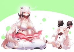 Rule 34 | 10s, 2girls, ?, absurdres, abyssal ship, anklet, barefoot, bracelet, breasts, collarbone, covered mouth, dress, feet up, floating fortress (kancolle), full body, highres, horns, jewelry, jiguang zhi aoluola, kantai collection, kneeling, large breasts, long hair, midway princess, multiple girls, northern ocean princess, open mouth, pale skin, red eyes, sitting, spoken question mark, tongue, tongue out, veins, very long hair, white dress, white hair