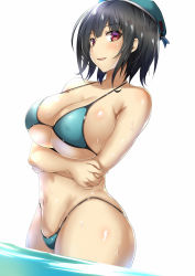 Rule 34 | 10s, 1girl, aqua bikini, bare shoulders, beret, bikini, black hair, breast hold, breasts, cleavage, collarbone, crossed arms, eyebrows, eyes visible through hair, from side, hat, highleg, highleg bikini, highleg swimsuit, kantai collection, large breasts, looking at viewer, micro bikini, navel, open mouth, partially submerged, red eyes, saintshiro, shiny skin, short hair, sideboob, smile, solo, stomach, swimsuit, takao (kancolle), underboob, wading