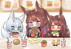 Rule 34 | 3girls, akagi (azur lane), amagi (azur lane), animal ears, azur lane, blue eyes, blunt bangs, blurry, brown hair, burger, burger malfunction, commentary request, depth of field, drinking straw, eating, fang, food, fox ears, fox girl, fox tail, french fries, hair ornament, highres, holding, japanese clothes, kaga (azur lane), kitsune, kyuubi, long hair, looking at viewer, menu board, multiple girls, multiple tails, open mouth, purple eyes, putimaxi, red eyes, sidelocks, soft drink, sparkle, tail, thick eyebrows, toy, white hair, wide sleeves