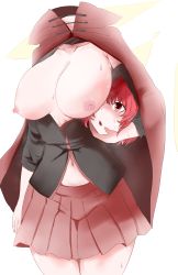 Rule 34 | 1girl, absurdres, arm at side, blush, breasts, breasts out, cape, collarbone, collared cape, disembodied head, head under another&#039;s clothes, headless, high collar, highres, holding, holding head, kuropan122, large breasts, long sleeves, monster girl, navel, nipples, no bra, open mouth, red cape, red eyes, red hair, sekibanki, shirt, short hair, skirt, solo, stomach, sweat, touhou, under another&#039;s clothes