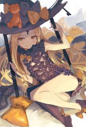 Rule 34 | 1girl, :p, abigail williams (fate), abigail williams (second ascension) (fate), armpits, black bow, black panties, blonde hair, bow, fate/grand order, fate (series), forehead, hat, highres, keyhole, long hair, looking at viewer, multiple bows, nishin (nsn 0822), orange bow, panties, pantyshot, parted bangs, polka dot, polka dot bow, sitting, solo, stuffed animal, stuffed toy, teddy bear, tongue, tongue out, underwear, very long hair, witch hat, yellow eyes