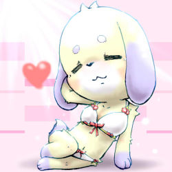 Rule 34 | 1girl, :3, animal crossing, animal ears, animal hands, arm support, arm up, blush, bow, bow bra, bow panties, bra, breasts, closed eyes, daisy (animal crossing), dog ears, dog tail, feet, female focus, furry, furry female, furuya muku, heart, jpeg artifacts, medium breasts, navel, nintendo, panties, pink background, red bow, simple background, sitting, smile, solo, tail, underwear, underwear only, white bra, white panties