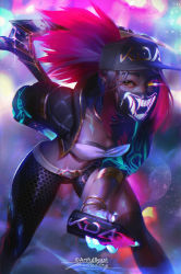Rule 34 | 1girl, absurdres, akali, arm behind back, asymmetrical clothes, baseball cap, belt, belt buckle, bent over, breasts, buckle, cleavage, covered mouth, cropped jacket, downblouse, glowing, glowing eye, hat, heterochromia, highres, holding, holding weapon, huge weapon, idol, jacket, k/da (league of legends), k/da akali, kama (weapon), league of legends, long hair, looking at viewer, mask, medium breasts, midriff, mouth mask, open clothes, open jacket, over-kneehighs, paul nong, pink hair, ponytail, sickle, single pantsleg, single thighhigh, solo, spray can, thighhighs, weapon, yellow eyes