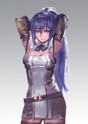 Rule 34 | 1girl, armpits, arms behind head, arms up, belt, black thighhighs, blue eyes, breast lift, breasts, brown gloves, cleavage, cowboy shot, dress, elbow gloves, female focus, gloves, grey dress, kishiyo, large breasts, long hair, looking at viewer, md5 mismatch, pixiv fantasia, pixiv fantasia t, ponytail, purple hair, rei no himo, resolution mismatch, revision, short dress, sleeveless, sleeveless dress, solo, thighhighs, very long hair, zettai ryouiki