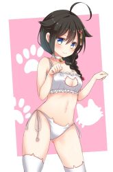 Rule 34 | 10s, 1girl, ahoge, alternate costume, animal ear legwear, bare shoulders, bell, blue eyes, blush, braid, breasts, cat, cat cutout, cat ear legwear, cat ear panties, cat lingerie, choker, cleavage cutout, clothing cutout, collarbone, cowboy shot, emilion, eyebrows, frills, gluteal fold, hair between eyes, hair flaps, hair ornament, hair over shoulder, hands up, jingle bell, kantai collection, long hair, meme attire, navel, neck bell, panties, pants, paw pose, paw print, pink background, shigure (kancolle), shigure kai ni (kancolle), side-tie panties, single braid, smile, solo, stomach, sweat, thighhighs, underwear, underwear only, white pants, white thighhighs