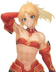 Rule 34 | 1girl, abs, arm behind head, armpits, bare shoulders, blonde hair, breasts, clenched teeth, collarbone, commentary request, covered erect nipples, detached sleeves, fate/apocrypha, fate (series), green eyes, highres, looking at viewer, midriff, mordred (fate), mordred (fate/apocrypha), navel, ponytail, ranma (kamenrideroz), short hair, simple background, small breasts, smile, solo, teeth, white background