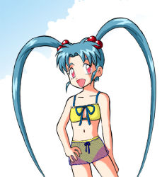 Rule 34 | 1girl, arm behind leg, artist request, blue hair, bow, bowtie, bra, child, cloud, cloudy sky, hair ornament, hand on own hip, long hair, masaki sasami jurai, open mouth, pretty sammy, pretty sammy (character), red eyes, simple background, sky, source request, swimsuit, tenchi muyou!, underwear