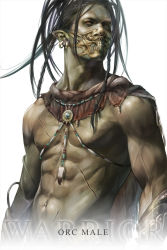 Rule 34 | 1boy, braid, brown hair, colored skin, earrings, fantasy, green skin, hage2013, highres, jewelry, lineage, male focus, manly, mask, muscular, orc, original, pointy ears, realistic, red eyes, scar, solo