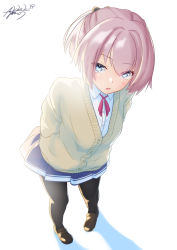 Rule 34 | 1girl, absurdres, alternate costume, ayuman, beige cardigan, black pantyhose, blouse, blue eyes, blue skirt, brown footwear, cardigan, dated, from above, full body, hands in pockets, highres, kantai collection, loafers, looking at viewer, neck ribbon, pantyhose, pink hair, pink ribbon, pleated skirt, ponytail, ribbon, school uniform, shiranui (kancolle), shirt, shoes, short hair, signature, simple background, skirt, white background, white shirt