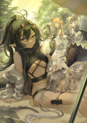 Rule 34 | 4girls, :d, antenna hair, arknights, arm support, beach, beach umbrella, black gloves, black one-piece swimsuit, black shorts, breasts, brown hair, brown headwear, cow horns, crocodilian tail, croissant (arknights), croissant (seeker) (arknights), drink, eyewear on head, fingerless gloves, forest, gavial (arknights), gloves, green hair, grey hair, hair between eyes, hand up, hat, hemorina, highres, holding, holding drink, horns, jacket, lap pillow, large breasts, leaf, looking at viewer, medium breasts, multiple girls, nature, off shoulder, official alternate costume, one-piece swimsuit, open clothes, open jacket, open mouth, orange hair, outdoors, planted, planted umbrella, pointy ears, ponytail, sand, see-through, see-through jacket, shorts, smile, straw hat, sun hat, sunglasses, swimsuit, tail, thighs, tomimi (arknights), tomimi (silent night) (arknights), umbrella, underboob, utage (arknights), utage (summer flowers) (arknights), water, white jacket, white one-piece swimsuit, yellow eyes