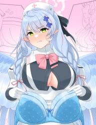 Rule 34 | 1girl, blue archive, blue bra, blue hair, blue wings, blush, bow, bra, braid, breasts, gloves, green eyes, hat, highres, large breasts, long hair, mine (blue archive), nurse cap, partially unbuttoned, pink background, pink bow, pointy ears, removing bra, shikairo, twin braids, underwear, unworn bra, white gloves, wings