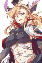 Rule 34 | 10s, 1girl, :d, blonde hair, blush, breasts, cape, female focus, granblue fantasy, hairband, head wings, large breasts, long hair, navel, open mouth, popped collar, simple background, smile, solo, takemura makoto (hakushikei), tweyen (granblue fantasy), white background, wings, yellow eyes