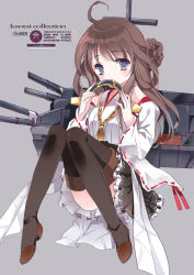 Rule 34 | 10s, 1girl, ahoge, bad id, bad pixiv id, bare shoulders, black thighhighs, blue eyes, boots, brown hair, cierra (ra-bit), convenient leg, detached sleeves, double bun, hair bun, hairband, japanese clothes, kantai collection, knees together feet apart, kongou (kancolle), long hair, looking at viewer, miko, open mouth, personification, ra-bit, ribbon-trimmed sleeves, ribbon trim, solo, thigh boots, thighhighs, unworn hairband