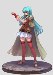 Rule 34 | 1girl, adjusting clothes, adjusting gloves, aqua eyes, aqua hair, armor, breastplate, brown cape, cape, closed mouth, earrings, eirika (fire emblem), faulds, faux figurine, fingerless gloves, fire emblem, fire emblem: the sacred stones, gloves, highres, jewelry, long hair, miniskirt, nintendo, nishiki areku, pauldrons, red footwear, red gloves, red shirt, red thighhighs, shirt, shoes, short sleeves, shoulder armor, sidelocks, signature, single fingerless glove, single glove, skirt, solo, thighhighs, very long hair, zettai ryouiki