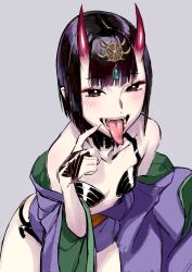 Rule 34 | 1girl, bare shoulders, black eyes, black hair, blush, breasts, fangs, fate/grand order, fate (series), grey background, headpiece, horns, japanese clothes, kimono, long tongue, looking at viewer, oni, open clothes, open kimono, purple kimono, revealing clothes, short hair, shuten douji (fate), simple background, skin-covered horns, small breasts, smile, solo, takuan (takuanlunch), teeth, tongue, tongue out
