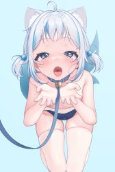 Rule 34 | 1girl, absurdres, ahoge, animal ear fluff, animal ears, bare shoulders, bell, blue background, blue eyes, blue hair, blush, breasts, cat ears, collar, collarbone, covered navel, fins, fish tail, gawr gura, hair between eyes, highres, hololive, hololive english, leash, looking at viewer, lucasyecla99, medium hair, multicolored hair, one-piece swimsuit, open mouth, shark girl, shark tail, shirt, small breasts, solo, streaked hair, swimsuit, tail, thighhighs, tongue, tongue out, twintails, virtual youtuber, waiting for cum
