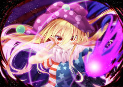 Rule 34 | 1girl, american flag dress, blonde hair, blush, closed mouth, clownpiece, commentary request, diamond (shape), fire, floating hair, hair between eyes, hat, heart, jester cap, long hair, looking at viewer, neck ruff, pointy ears, polka dot, red eyes, short sleeves, sky, smile, solo, star (sky), star (symbol), star print, starry sky, striped, touhou, upper body, z.o.b