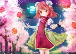 Rule 34 | 1girl, bandaged arm, cherry blossoms, double bun, faux traditional media, full moon, hair bun, ibaraki kasen, looking at viewer, moon, night, petals, red eyes, red hair, risutaru, smile, solo, touhou