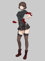 Rule 34 | 1girl, alternate costume, arm ribbon, belt, black shirt, boots, braid, breasts, brown hair, chain, choker, clenched hand, commission, crown braid, garter straps, gloves, grey background, grin, hand on own hip, highres, lock, niijima makoto, ozkh, persona, persona 5, persona 5: dancing star night, persona dancing, plaid, plaid skirt, red eyes, red footwear, red gloves, red ribbon, ribbon, shirt, short hair, simple background, skirt, smile, solo, studded belt, t-shirt, thighhighs, thighs, torn clothes, torn shirt