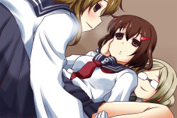 Rule 34 | 10s, 3girls, blush, brown eyes, brown hair, commentary request, empty eyes, folded ponytail, glasses, gloves, hair ornament, hairclip, ikazuchi (kancolle), inazuma (kancolle), kantai collection, katori (kancolle), long sleeves, multiple girls, neckerchief, nishi koutarou, opaque glasses, parted bangs, red neckerchief, school uniform, serafuku, shirt, silver hair, simple background, skirt, smirk, spread legs, white gloves, yuri