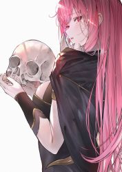 Rule 34 | 1girl, absurdres, betabeet, black dress, bracer, breasts, cape, dress, from behind, hair behind ear, highres, holding, holding skull, hololive, hololive english, large breasts, long hair, looking at viewer, looking back, mori calliope, open mouth, pink hair, red hair, shoulder spikes, skull, solo, spikes, very long hair, virtual youtuber
