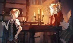 Rule 34 | 1boy, 1girl, ahoge, barrel, blonde hair, blue eyes, candle, candlelight, candlestand, closed mouth, commentary request, fire, green eyes, grey skirt, hands on own cheeks, hands on own face, high ponytail, highres, indoors, leaning forward, mature female, mother and son, mushoku tensei, pleated skirt, ponytail, red shirt, rudeus greyrat, saico isshin, shirt, short hair, short sleeves, skirt, smile, table, wooden table, zenith greyrat
