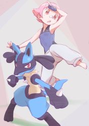 Rule 34 | 1girl, bad id, bad twitter id, bandage on face, bandages, bandaid, bandaid on face, bandaid on nose, blue gloves, blush, commentary request, creatures (company), fingerless gloves, game freak, gen 4 pokemon, gloves, gym leader, highres, looking at viewer, looking away, lucario, maylene (pokemon), nintendo, okayparium, open mouth, pink eyes, pink hair, pokemon, pokemon (creature), red eyes, short hair, sleeveless