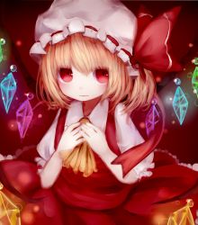 Rule 34 | 1girl, amashiro natsuki, ascot, bad id, bad pixiv id, blonde hair, crystal, flandre scarlet, hands on own chest, hat, nachi, red eyes, ribbon, short hair, solo, touhou, wings