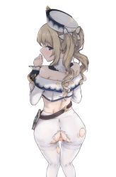 Rule 34 | absurdres, anus, ass, barbara (genshin impact), bare shoulders, blonde hair, blue eyes, blush, censored, detached collar, drill hair, from behind, genshin impact, heart, heart-shaped pupils, highres, long sleeves, looking at viewer, looking back, midriff, mosaic censoring, pantyhose, priestess, pussy, pussy juice, sidelocks, solo, symbol-shaped pupils, torn clothes, torn pantyhose, twin drills, vremyatsay, white background, white headwear, white pantyhose, white sleeves