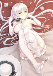 Rule 34 | 1girl, areola slip, azur lane, bare shoulders, blue eyes, breasts, dress, elbow gloves, feet, flower, full body, gloves, hair ornament, hat, unworn hat, unworn headwear, illustrious (azur lane), large breasts, long hair, looking at viewer, mole, mole under eye, no shoes, revision, rose, soles, solo, strapless, thighhighs, toes, white dress, white flower, white gloves, white hair, white rose, white thighhighs, yuemanhuaikong