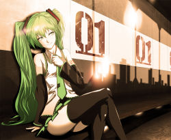 Rule 34 | 1girl, bad id, bad pixiv id, detached sleeves, female focus, green eyes, green hair, hatsune miku, highres, infinote, crossed legs, long hair, matching hair/eyes, necktie, sitting, smile, solo, thighhighs, twintails, very long hair, vocaloid, zettai ryouiki