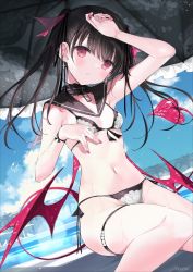 Rule 34 | 1girl, arm up, armpits, bare arms, bare shoulders, bikini, black choker, black hair, breasts, choker, demon tail, demon wings, detached collar, earrings, front-tie bikini top, front-tie top, jewelry, long hair, looking at viewer, low wings, nanananana, navel, original, parted lips, red eyes, sailor collar, side-tie bikini bottom, sitting, small breasts, solo, stomach, string bikini, swimsuit, tail, thigh strap, thighs, twintails, white bikini, wings