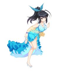 Rule 34 | 1girl, :o, adjusting clothes, adjusting shoe, black eyes, black hair, blue dress, bracelet, breasts, cle masahiro, cleavage, dress, feet, frilled dress, frills, full body, high heels, high ponytail, jewelry, kirihara konoe, large breasts, leg lift, long hair, necklace, official art, simple background, sleeveless, solo, toes, valkyrie drive, valkyrie drive -siren-, white background