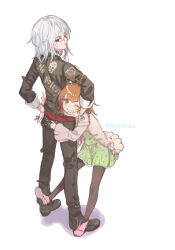 Rule 34 | 1boy, 1girl, accelerator (toaru majutsu no index), ahoge, albino, ambiguous gender, belt, black belt, black footwear, black pants, black shirt, bracelet, brown eyes, brown hair, brown pantyhose, child, dress, from side, full body, green dress, grin, holding another&#039;s head, holding another&#039;s leg, jacket, jewelry, last order (toaru majutsu no index), long sleeves, looking at viewer, looking back, official alternate costume, one eye closed, pale skin, pants, pantyhose, pink footwear, pink jacket, red belt, red eyes, shirt, short hair, signature, skull print, sleeves rolled up, smile, tautiki, text print, toaru majutsu no index, white background, white hair, zipper