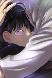 Rule 34 | 2boys, black hair, close-up, covered mouth, from side, gakuran, glowing, glowing eyes, hand on another&#039;s head, head on chest, hug, kageyama shigeo, long sleeves, looking at viewer, male focus, mameal369, messy hair, mob psycho 100, multiple boys, out of frame, portrait, profile, purple eyes, school uniform, shirt, short hair, white shirt