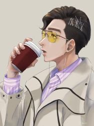 Rule 34 | 1boy, beige background, beige jacket, brown eyes, coffee, coffee cup, cup, disposable cup, eyeshadow, from side, fumi giza, glasses, highres, kamen rider, kamen rider revice, karizaki george, makeup, male focus, profile, purple shirt, scientist, shirt, short hair, striped clothes, striped shirt, tinted eyewear, yellow eyeshadow