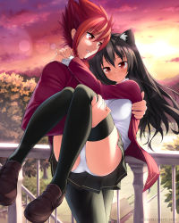 Rule 34 | 1boy, 1girl, animal ears, artist name, atomix, bench, black hair, blush, breasts, carrying, cat ears, copyright request, hand around neck, handrail, highres, horizon, jacket, knees together feet apart, light rays, loafers, medium breasts, open clothes, open jacket, panties, pants, park, park bench, parted lips, pleated skirt, princess carry, red eyes, red hair, red shirt, shirt, shoes, skirt, smile, sunlight, sunset, thighhighs, underwear, watermark, web address, white panties, white shirt