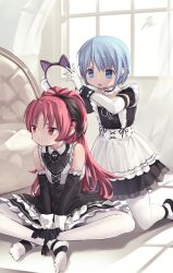 Rule 34 | 2girls, absurdres, alternate costume, animal ears, apron, black bow, black bowtie, black dress, blue hair, blush, bow, bowtie, cat ears, dress, dressing another, enmaided, hair ornament, hair ribbon, highres, long hair, magical girl, mahou shoujo madoka magica, mahou shoujo madoka magica (anime), maid, maid headdress, miki sayaka, multiple girls, no shoes, pantyhose, puffy short sleeves, puffy sleeves, red eyes, red hair, ribbon, sakura kyoko, short hair, short sleeves, taka.yana, thighhighs, white pantyhose