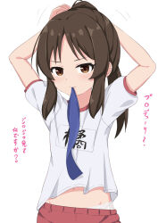 Rule 34 | 1girl, arms behind head, arms up, blue ribbon, brown eyes, brown hair, closed mouth, commentary request, groin, gym shirt, gym shorts, gym uniform, highres, idolmaster, idolmaster cinderella girls, long hair, looking at viewer, mouth hold, navel, panties, puffy short sleeves, puffy sleeves, red shorts, ribbon, ribbon in mouth, shirt, short sleeves, shorts, sidelocks, simple background, solo, tachibana arisu, takasuma hiro, translation request, tying hair, underwear, v-shaped eyebrows, white background, white panties, white shirt