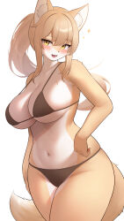 1girl absurdres animal_ear_fluff animal_ears animal_nose bikini blonde_hair blush body_fur borrowed_character breasts cleavage female_focus fox_ears fox_girl fox_tail furry furry_female hair_between_eyes highres jeifier_(character) large_breasts long_hair looking_at_viewer navel open_mouth original ponytail sasayuki_(kemonoyou) simple_background smile solo swimsuit tail two-tone_fur white_background white_fur yellow_eyes yellow_fur