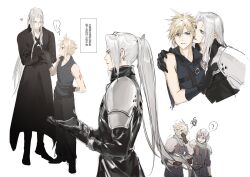 Rule 34 | ?, annoyed, arm ribbon, armor, biting, biting earring, black coat, black footwear, black gloves, black pants, blonde hair, blue eyes, blue shirt, blush, boots, bracer, chest harness, chinese text, closed eyes, cloud strife, coat, covered eyes, ear biting, final fantasy, final fantasy vii, gloves, green scarf, grey hair, harness, helmet, helmet over eyes, high collar, high ponytail, highres, holding, long bangs, long coat, long hair, lydiaaa, male focus, military uniform, multiple boys, open clothes, open coat, pants, parted bangs, pauldrons, ponytail, red ribbon, ribbon, scarf, sephiroth, shinra infantry uniform, shirt, short hair, shoulder armor, sleeveless, smile, suspenders, uniform, vest, yaoi