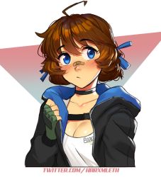 Rule 34 | 1girl, ahoge, bandaid, bandaid on face, blue eyes, blush, breasts, brooke (mleth), brown hair, choker, cleavage, closed mouth, coat, collarbone, fingerless gloves, gloves, hair between eyes, highres, large breasts, looking to the side, mleth, original, scoop neck, shirt, simple background, solo, swept bangs, twitter username, upper body, white shirt