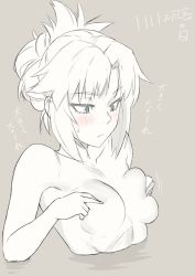 Rule 34 | 1girl, blush, braid, breast conscious, breasts, covering nipples, covering privates, fate/grand order, fate (series), french braid, green eyes, greyscale, medium breasts, mikoyan, monochrome, mordred (fate), mordred (fate/apocrypha), nude, partially submerged, solo, spot color, sweat, swimsuit, translation request