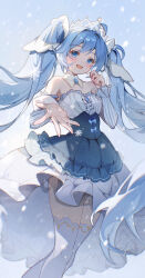 Rule 34 | 1girl, absurdres, ahoge, blue dress, blue eyes, blue hair, blush, brooch, center frills, cloudyman, collar, detached collar, detached sleeves, dress, feet out of frame, foreshortening, framed breasts, frilled dress, frills, gold trim, hair intakes, hair ornament, hatsune miku, highres, jewelry, layered dress, light blue hair, long hair, long sleeves, open mouth, outdoors, outstretched arm, princess, puffy detached sleeves, puffy long sleeves, puffy sleeves, reaching, reaching towards viewer, sidelighting, smile, snowflakes, snowing, standing, strapless, strapless dress, thighhighs, tiara, twintails, variant set, vertical-striped sleeves, very long hair, vocaloid, white collar, white sleeves, white thighhighs, yuki miku, yuki miku (2019)