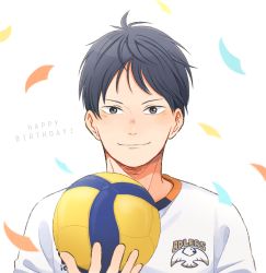 Rule 34 | 1boy, ball, black hair, blue eyes, closed mouth, commentary request, confetti, haikyuu!!, happy birthday, holding, holding ball, jersey, kageyama tobio, laugh 111, looking at viewer, male focus, short hair, smile, solo, sportswear, volleyball, volleyball (object), volleyball uniform