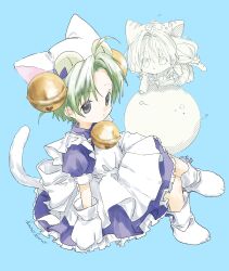 Rule 34 | 2girls, absurdres, ahoge, animal hat, apron, bell, blue background, blue dress, cat hat, cat tail, closed mouth, creature, curtained hair, dejiko, di gi charat, dot mouth, dress, full body, gema, green eyes, green hair, hair bell, hair intakes, hair ornament, hano luno, hat, highres, jingle bell, long hair, long sleeves, looking at viewer, maid, maid apron, mittens, multiple girls, neck bell, neckerchief, partially colored, paw shoes, puchiko, puffy short sleeves, puffy sleeves, short hair, short sleeves, signature, simple background, sitting, tail, white apron, white footwear, white mittens